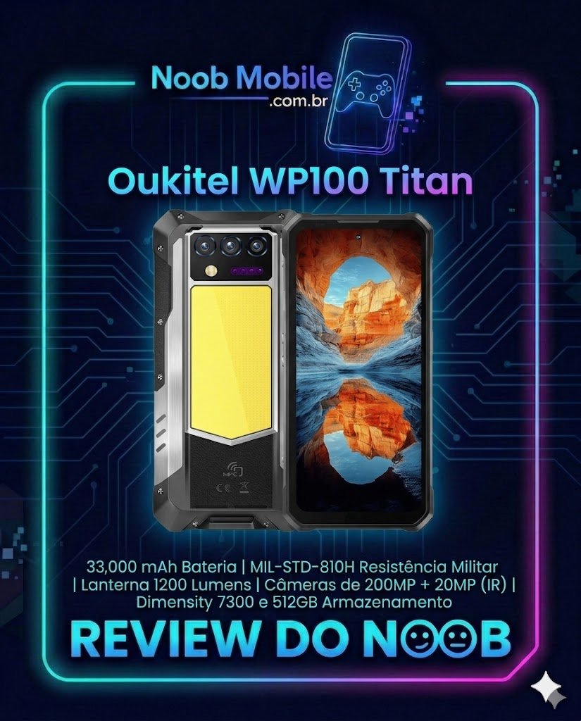 Smartphone robusto Oukitel WP100 Titan em fundo de tecnologia com review Noob Mobile. O Oukitel WP100 Titan é bom para quem busca bateria de 33.000 mAh e projetor integrado.