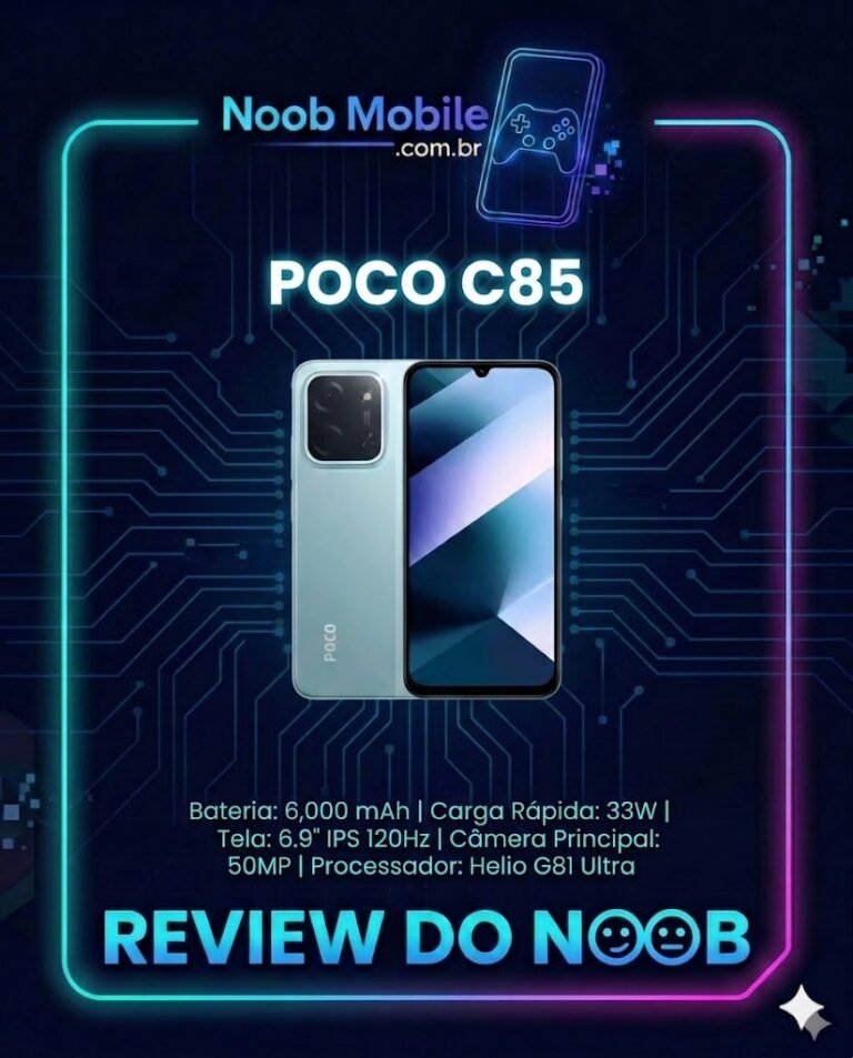 Smartphone POCO C85 exibindo tela de 6,9 polegadas e design moderno, revelando se o POCO C85 vale a pena para uso diário.