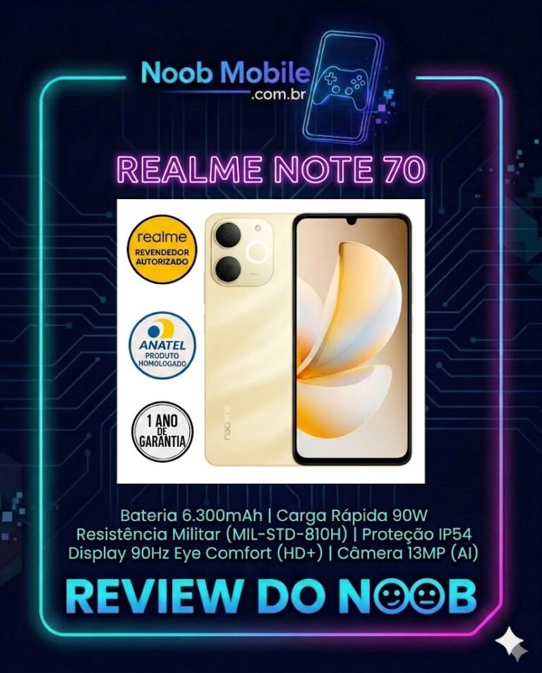 Smartphone Realme Note 70 dourado em destaque na imagem do Noob Mobile, mostrando construção resistente e provando por que o Realme Note 70 vale a pena.
