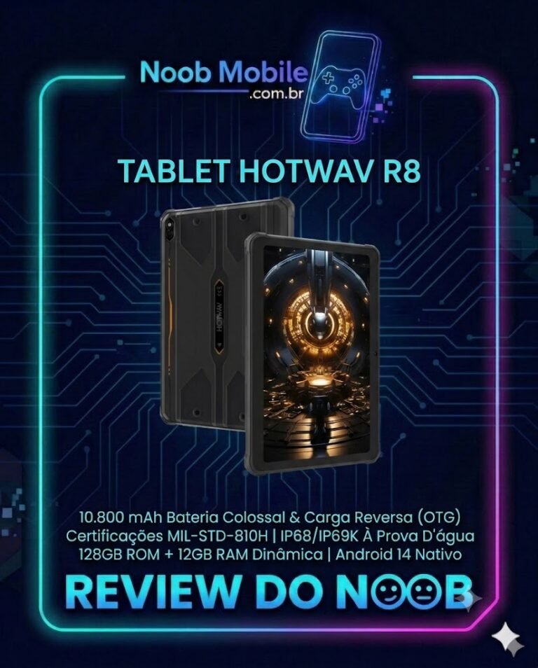 Banner oficial com a moldura do Noob Mobile mostrando as especificações técnicas e comprovando se o tablet hotwav r8 é bom para trabalho e uso outdoor.
