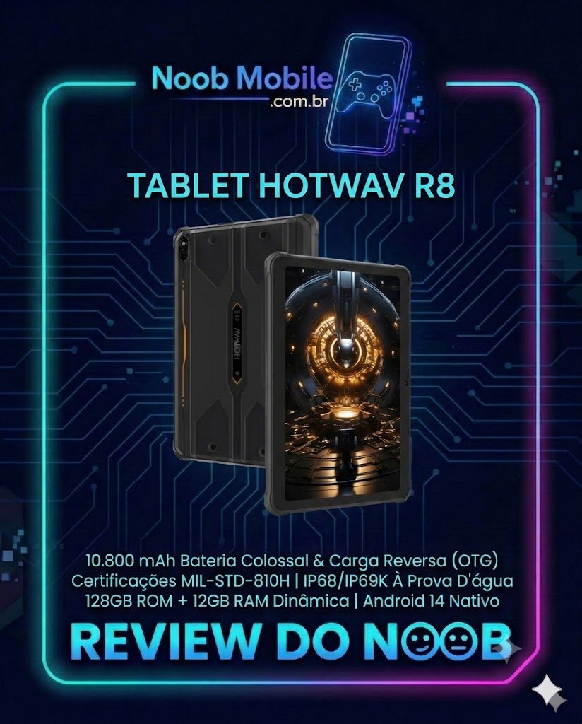 Banner oficial com a moldura do Noob Mobile mostrando as especificações técnicas e comprovando se o tablet hotwav r8 é bom para trabalho e uso outdoor.