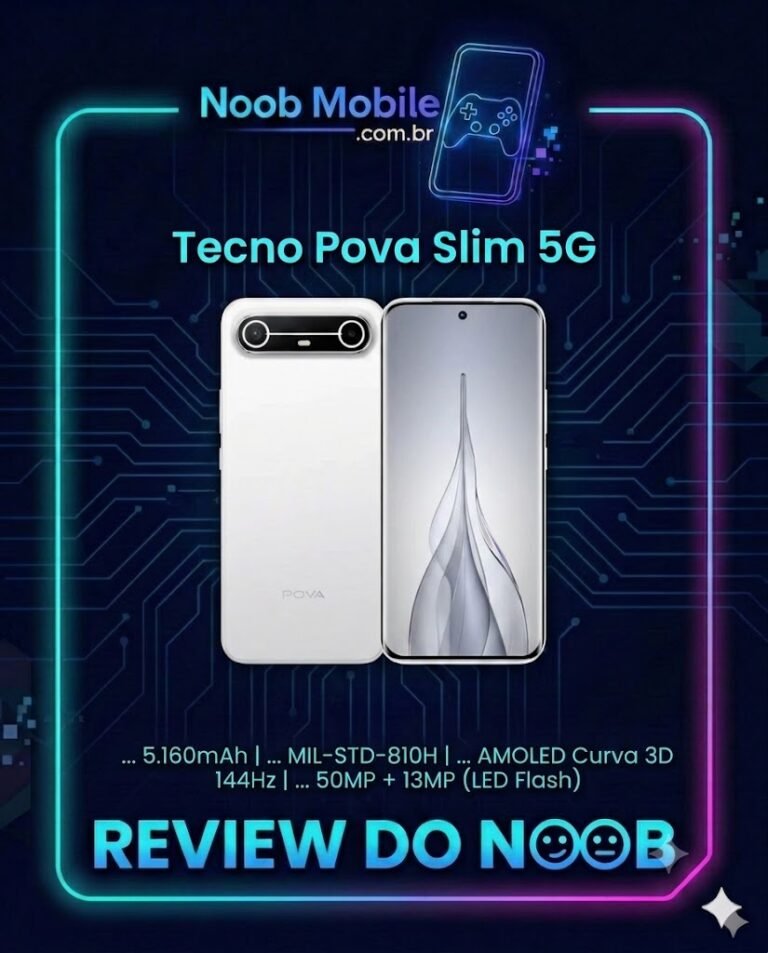 Design do Tecno Pova Slim 5G, o celular mais fino do mundo com proteção militar, exibindo suas especificações de topo para provar por que o Tecno Pova Slim 5G vale a pena.