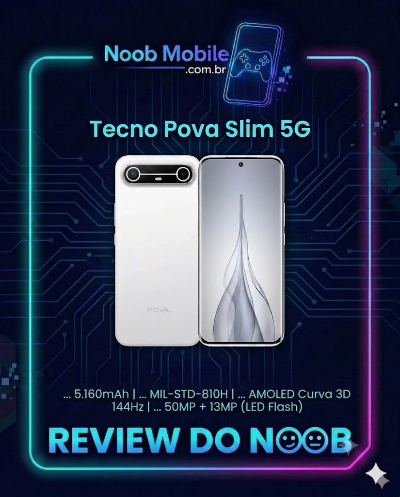Design do Tecno Pova Slim 5G, o celular mais fino do mundo com proteção militar, exibindo suas especificações de topo para provar por que o Tecno Pova Slim é Bom.