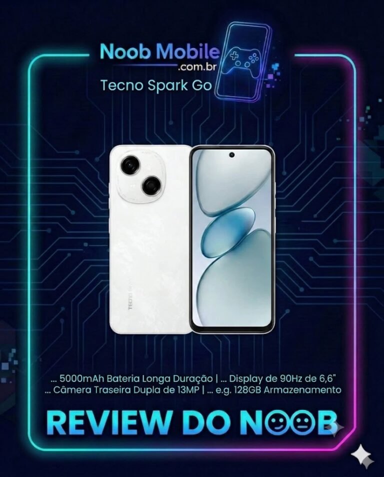 O infogr&aacute;fico do Noob Mobile mostra por que o celular Tecno Spark Go &eacute; bom, destacando bateria de 5000mAh, display de 90Hz e c&acirc;mera dupla.