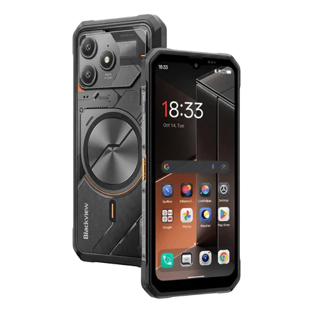 Smartphone blackview fort 100 resistente com design mecha-inspirado e tela de alta fluidez em exibição frontal e traseira.
