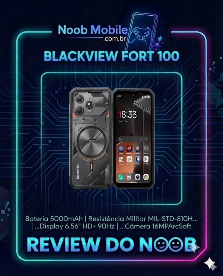 O smartphone blackview fort 100 é bom para o trabalho pesado, destacando seu design robusto em cor preta e detalhes laranja.