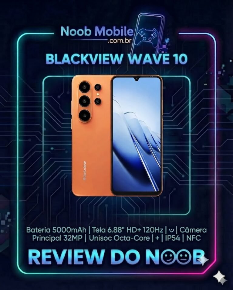 Imagem destacada do post sobre o review para saber se o Blackview WAVE 10 é bom, a imagem mostra o aparelho na cor laranja dentro da moldura do review do noob.