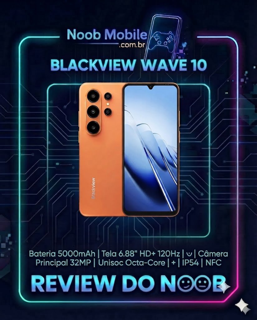Imagem destacada do post sobre o review para saber se o Blackview WAVE 10 é bom, a imagem mostra o aparelho na cor laranja dentro da moldura do review do noob.