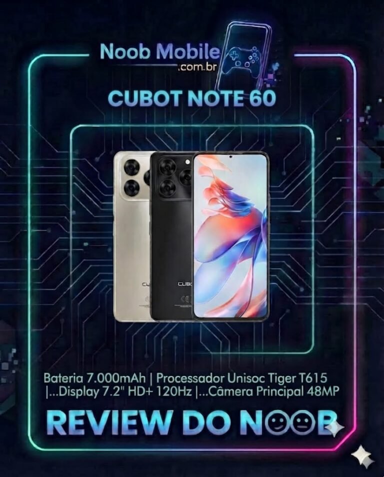Smartphone Cubot Note 60 nas cores dourado e preto exibindo o design traseiro e a tela frontal, provando que o Cubot Note 60 é bom em autonomia e fluidez.