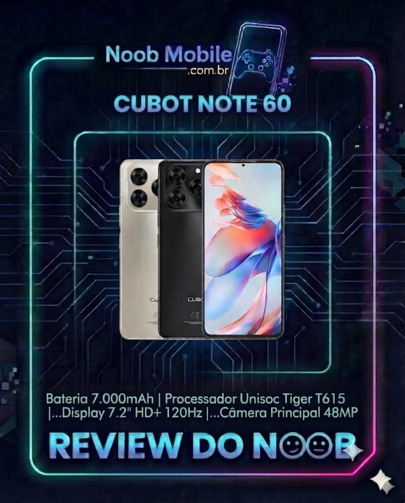 Smartphone Cubot Note 60 nas cores dourado e preto exibindo o design traseiro e a tela frontal, provando que o Cubot Note 60 é bom em autonomia e fluidez.