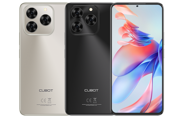 Smartphone Cubot Note 60 nas cores dourado e preto exibindo o design traseiro e a tela frontal.