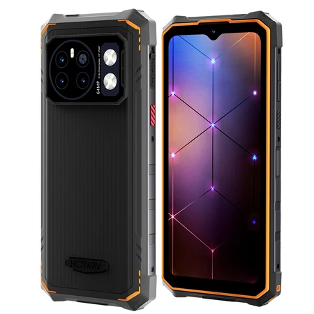 Celular ruged Hotwav Cyber 13 em destaque com design robusto e detalhes em laranja.