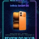 Smartphone Infinix Smart 20 cor laranja exibido em arte promocional do Noob Mobile, ideal para conferir se o Infinix Smart 20 é bom e conhecer suas especificações técnicas como bateria e tela 120Hz.