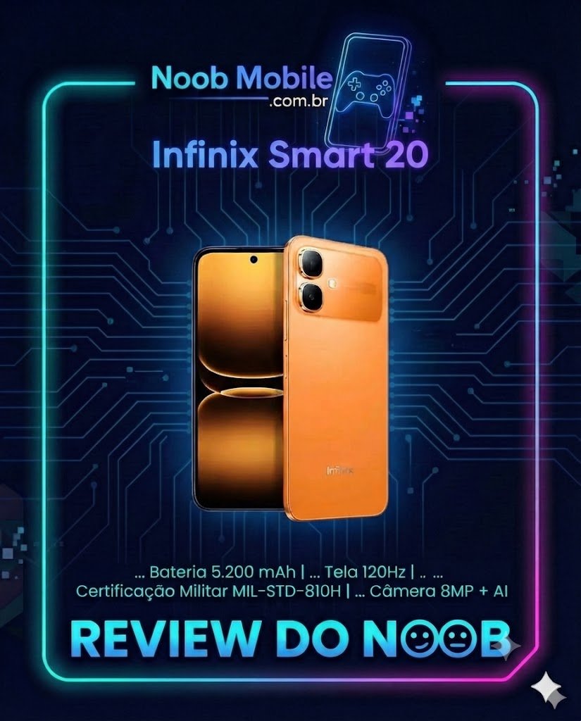 Smartphone Infinix Smart 20 cor laranja exibido em arte promocional do Noob Mobile, ideal para conferir se o Infinix Smart 20 é bom e conhecer suas especificações técnicas como bateria e tela 120Hz.