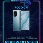 Smartphone POCO C71 na cor azul com acabamento texturizado, exibindo a tela frontal e a traseira; descubra se o POCO C71 é bom para o seu dia a dia.