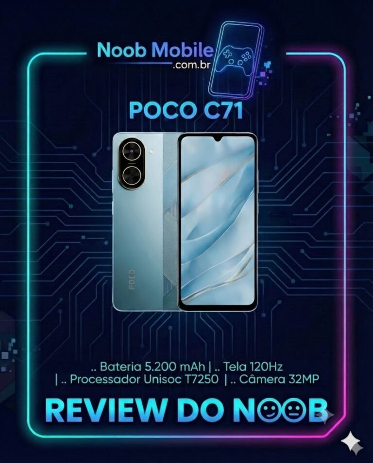 Smartphone POCO C71 na cor azul com acabamento texturizado, exibindo a tela frontal e a traseira; descubra se o POCO C71 é bom para o seu dia a dia.