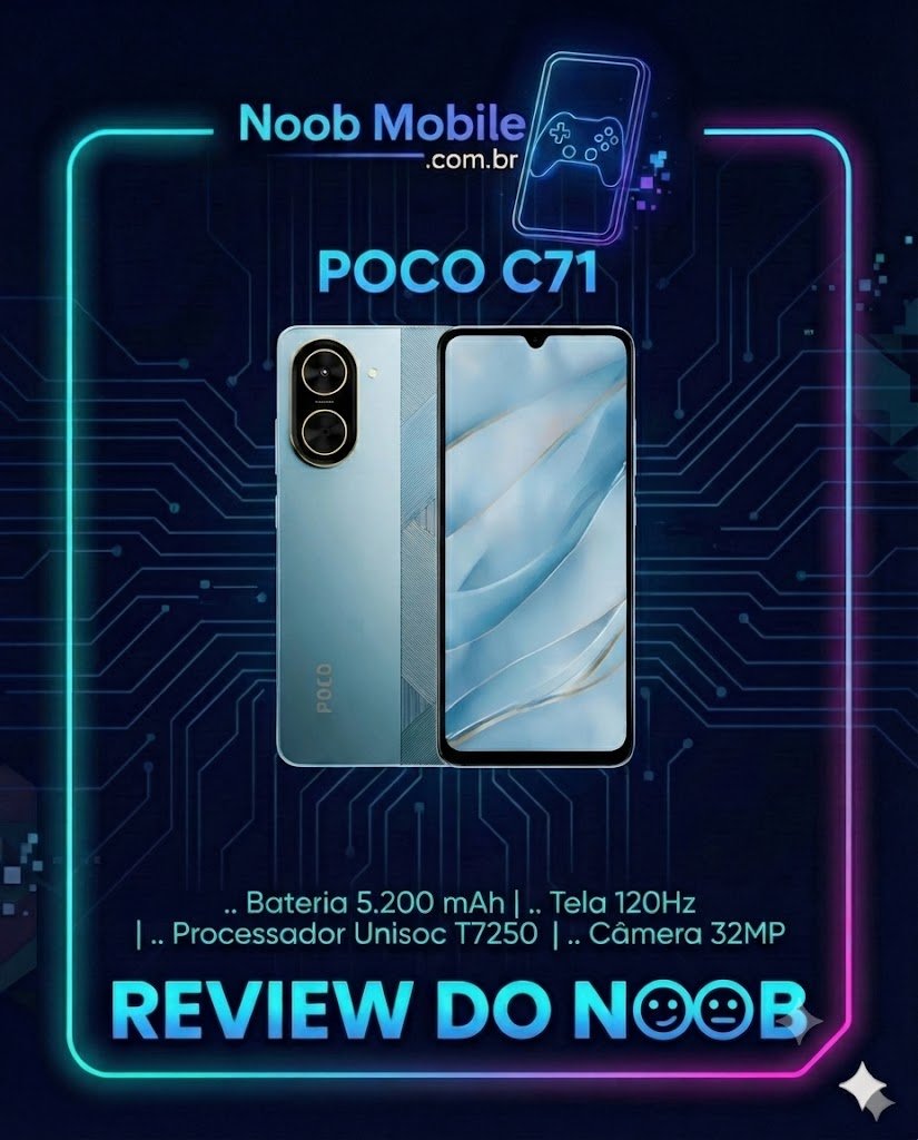 Smartphone POCO C71 na cor azul com acabamento texturizado, exibindo a tela frontal e a traseira; descubra se o POCO C71 é bom para o seu dia a dia.