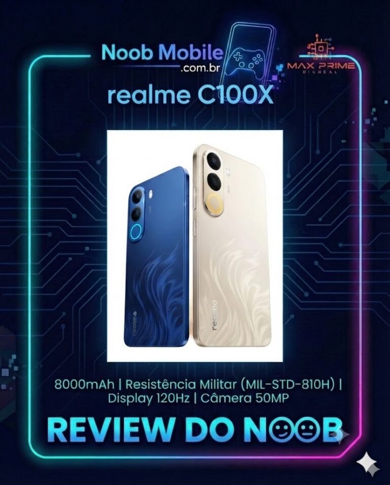 Realme C100X é bom? Review completo da bateria de 8000mAh e resistência militar do celular no Noob Mobile.
