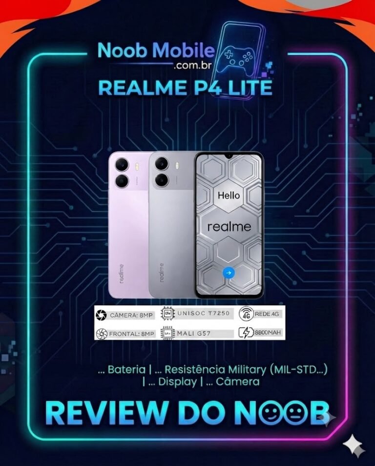 Banner oficial da análise do Noob Mobile destacando que o realme p4 lite é bom, mostrando o design do aparelho, especificações técnicas como bateria de 6600mAh e processador Unisoc T7250, com o selo Review do Noob.
