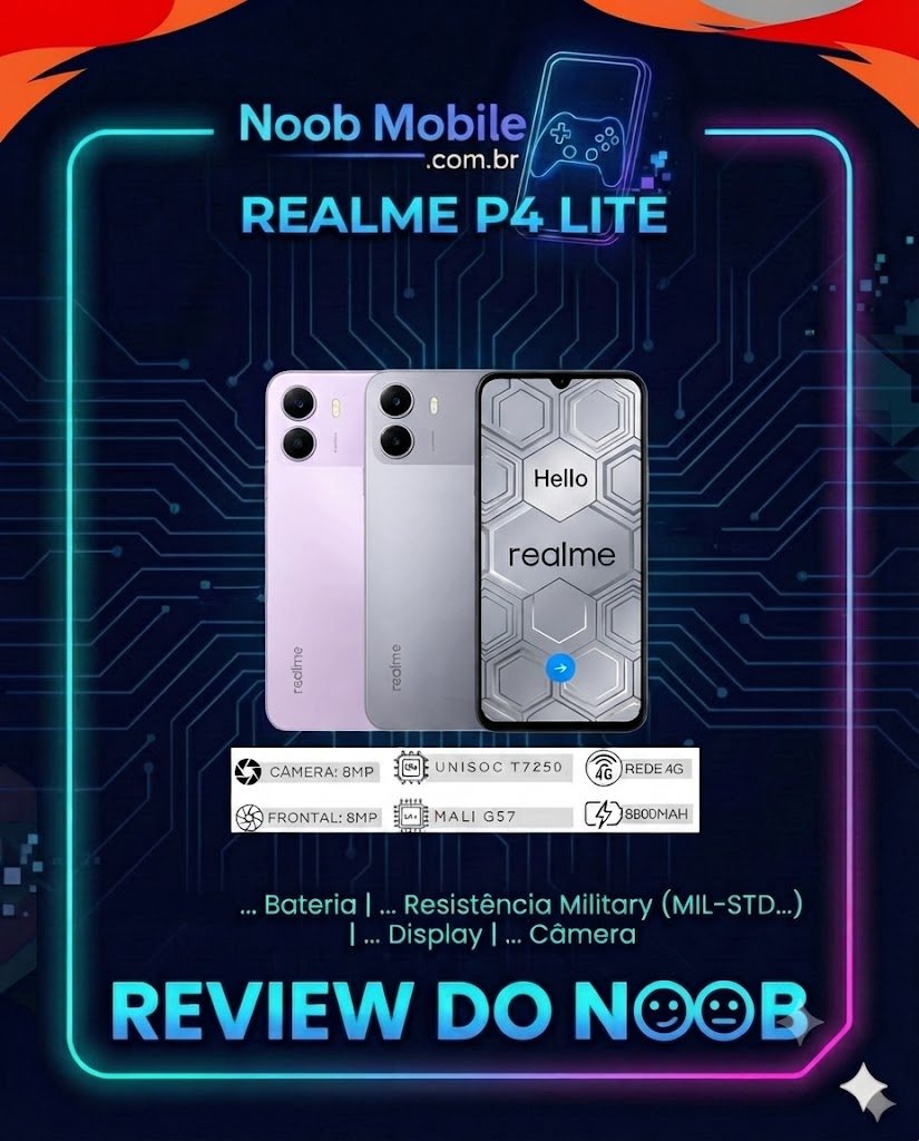 Banner oficial da análise do Noob Mobile destacando que o realme p4 lite é bom, mostrando o design do aparelho, especificações técnicas como bateria de 6600mAh e processador Unisoc T7250, com o selo Review do Noob.