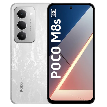 Smartphone POCO M8S 5G em destaque mostrando seu design na cor branca e tela