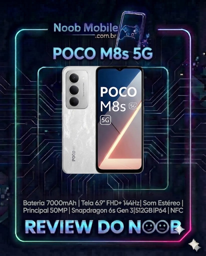 Smartphone POCO M8S 5G em destaque mostrando design frontal e traseiro, ideal para quem pesquisa se o Poco M8S é bom e vale a pena.