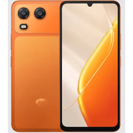 Smartphone Itel A200, versão laranja, com vista dupla: traseira mostrando câmera dupla e logo itel, e frontal com entalhe em gota e papel de parede dourado brilhante. Descubra se o Itel A200 é bom para o seu dia a dia.