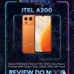 Card promocional do Noob Mobile destacando o smartphone Itel A200 em cor laranja com especificações técnicas e o selo "Review do Noob". Saiba se o Itel A200 é bom para o uso diário.