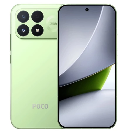 Smartphone Poco F9 Pro cor verde em destaque para análise, provando que o POCO F9 Pro é bom