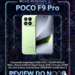 Smartphone POCO F9 Pro na cor verde Aurora Green em destaque com tela AMOLED de 185Hz e módulo de câmeras traseiras.