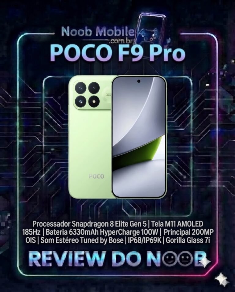 Smartphone POCO F9 Pro na cor verde Aurora Green em destaque com tela AMOLED de 185Hz e módulo de câmeras traseiras.