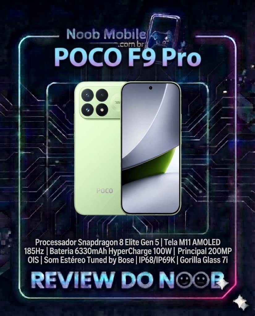 Smartphone POCO F9 Pro na cor verde Aurora Green em destaque com tela AMOLED de 185Hz e módulo de câmeras traseiras.