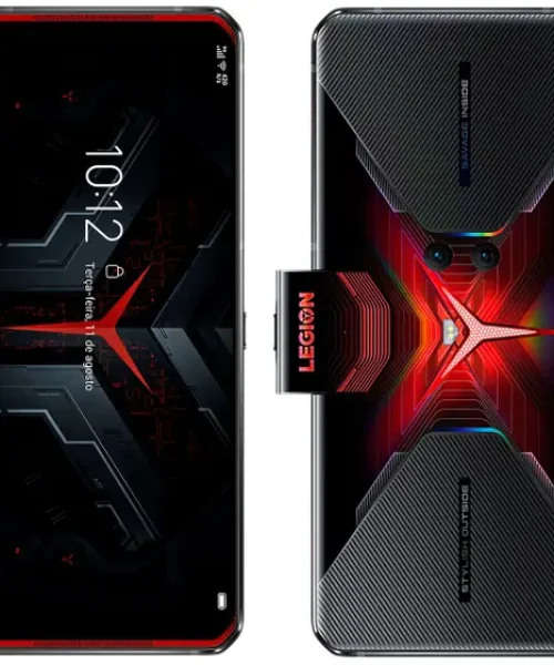Smartphone gamer Lenovo Legion Phone Duel na cor Vengeance Red, mostrando a parte frontal com tela infinita e a traseira com câmera selfie pop-up lateral ativada.