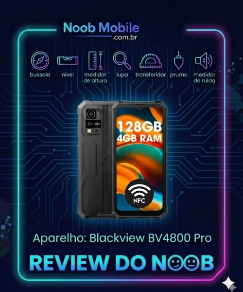 Blackview BV4800 Pro Vale a pena? Smartphone dentro da moldura Review do Noob, destacando ícones de ferramentas como bússola, nível e medidor de ruído.
