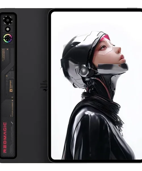 Tablet Gamer REDMAGIC Astra com design traseiro transparente mostrando o processador Snapdragon 8 Elite e iluminação RGB.