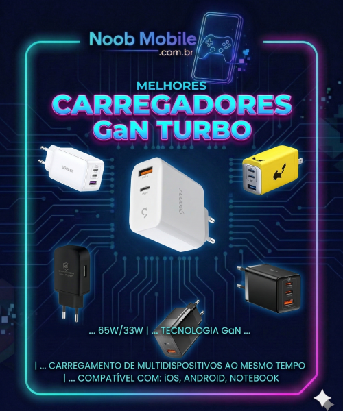 Infográfico mostrando os m Melhores carregadores para celular turbo GaN de 2026 das marcas Geonav, Anker, Baseus, Ugreen e Essager dentro da moldura oficial do site Noob Mobile.