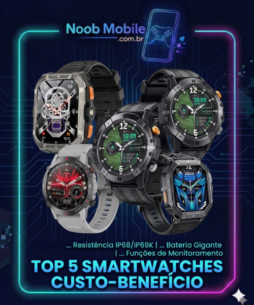 Banner promocional do Noob Mobile mostrando um ranking dos melhores smartwatches com certificação militar 2026. A imagem exibe cinco modelos de relógios inteligentes robustos e táticos (incluindo Blackview e Cubot) com pulseiras pretas e cinzas, dentro de uma moldura de neon azul e rosa com circuitos eletrônicos ao fundo. O texto destaca resistência IP68/IP69K, bateria gigante e funções de monitoramento.