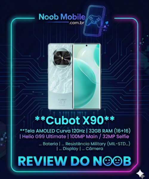 An&aacute;lise completa para saber se o Smartphone Cubot X90 vale a pena com tela curva AMOLED 120Hz e traseira premium azul claro em destaque na moldura Review do Noob.