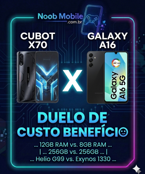Comparativo de smartphones Galaxy A16 5G azul e Cubot X70 preto lado a lado com logotipo Noob Mobile em destaque.
