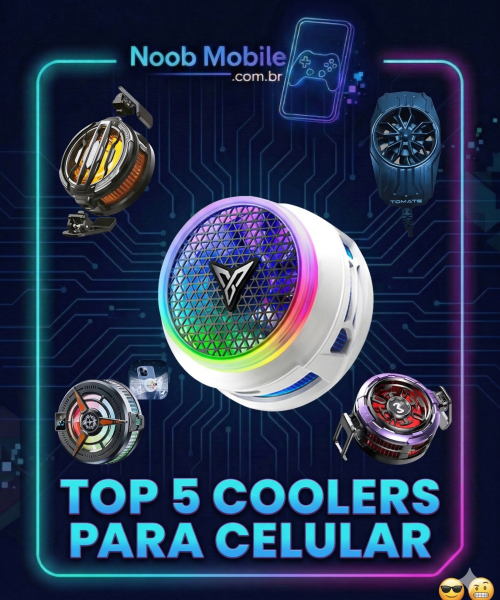 Infográfico de tecnologia mostrando uma lista dos melhores coolers para celular. O cooler branco e central é o maior, cercado por quatro modelos menores em um fundo de circuito eletrônico com luzes neon azul e roxa. No topo, está o logo Noob Mobile.