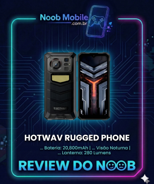 Hotwav W11 é bom? Uma imagem promocional de estilo neon para uma análise de smartphone. No topo, há o logotipo "Noob Mobile" em neon azul e um ícone de smartphone com um controle de videogame. No centro, está o smartphone robusto Hotwav, mostrando a parte frontal e traseira, dentro de uma moldura de neon que muda de ciano para magenta. Abaixo, lê-se o nome do modelo: "HOTWAV RUGGED PHONE". As especificações técnicas são listadas em branco: "Bateria: 20,800mAh | ... Visão Noturna | ... Lanterna: 280 Lumens". Na parte inferior, há um grande texto em neon azul: "REVIEW DO NOOB" com dois emoticons de robô. O fundo é um padrão de placa de circuito azul escuro.