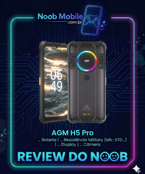 Smartphone robusto AGM H5 Pro com alto-falante gigante de 109dB e câmera de visão noturna, exibido dentro da moldura oficial de review do Noob Mobile.