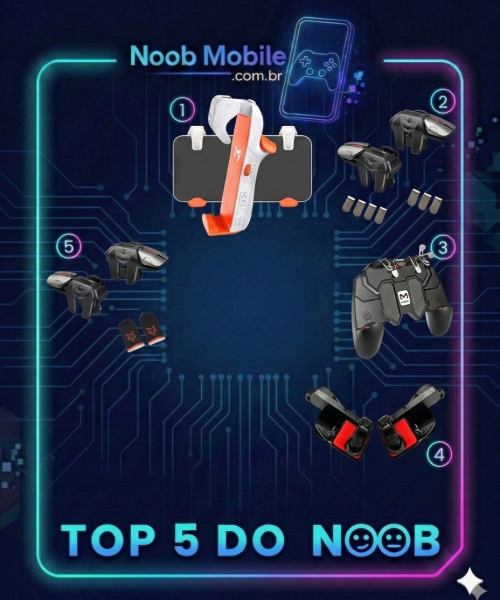 Infográfico Top 5 Melhores Gatilhos para celular de 2026 para jogos mobile, apresentando os modelos Bigbig Won Jet M1, Sarafox F6, MEMO AK66, Redragon Chronos e G21 dentro de uma moldura neon azul e roxa com o título TOP 5 DO NOOB.