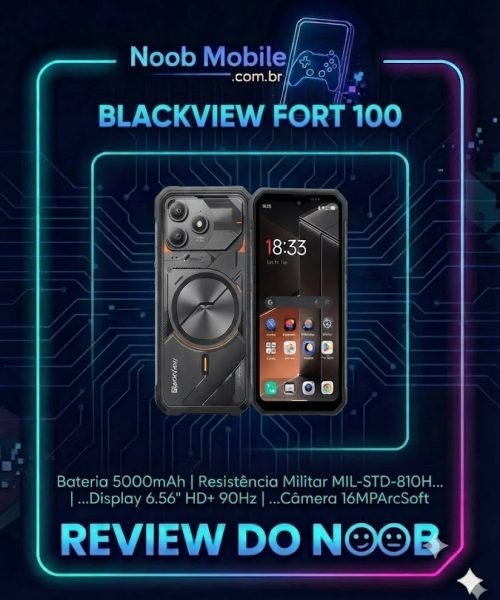 O smartphone blackview fort 100 &eacute; bom para o trabalho pesado, destacando seu design robusto em cor preta e detalhes laranja.