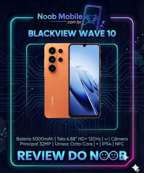 Imagem destacada do post sobre o review para saber se o Blackview WAVE 10 &eacute; bom, a imagem mostra o aparelho na cor laranja dentro da moldura do review do noob.