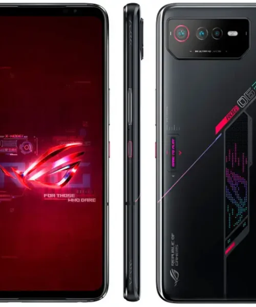 Smartphone gamer ASUS ROG Phone 6 na cor preta, mostrando a tela frontal com papel de parede vermelho da Republic of Gamers, a lateral com botões de gatilho e a parte traseira com detalhes em LED RGB e o módulo de câmera tripla.