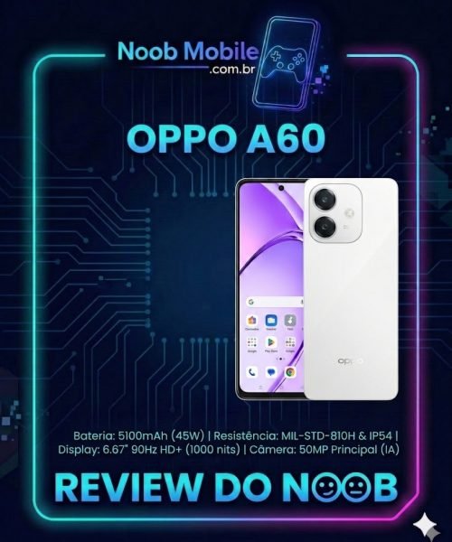 Smartphone OPPO A60 com design moderno e tela de alta visibilidade, destacando suas especificações de resistência militar e bateria, para quem busca saber se o celular OPPO A60 é bom.