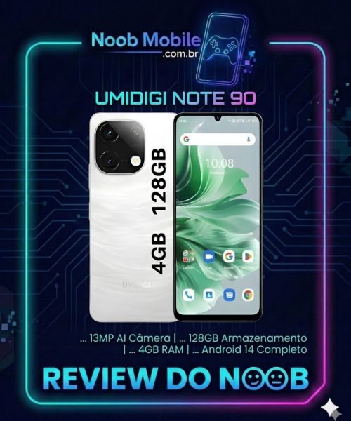 Celular Umidigi note 90 é bom? Banner oficial do site Noob Mobile mostrando o celular UMIDIGI Note 90 em detalhes para avaliar se o celular umidigi note 90 é bom, destacando seu design com traseira branca e tela de 90Hz dentro de uma moldura neon cyberpunk com o título Review do Noob.