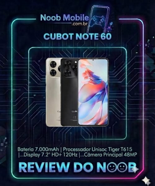 Smartphone Cubot Note 60 nas cores dourado e preto exibindo o design traseiro e a tela frontal, provando que o Cubot Note 60 &eacute; bom em autonomia e fluidez.