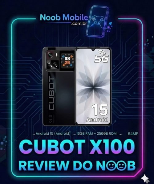 Cubot X100 é bom? Smartphone preto com tela dupla, 5G e Android 15 em moldura oficial do Review do Noob Mobile.